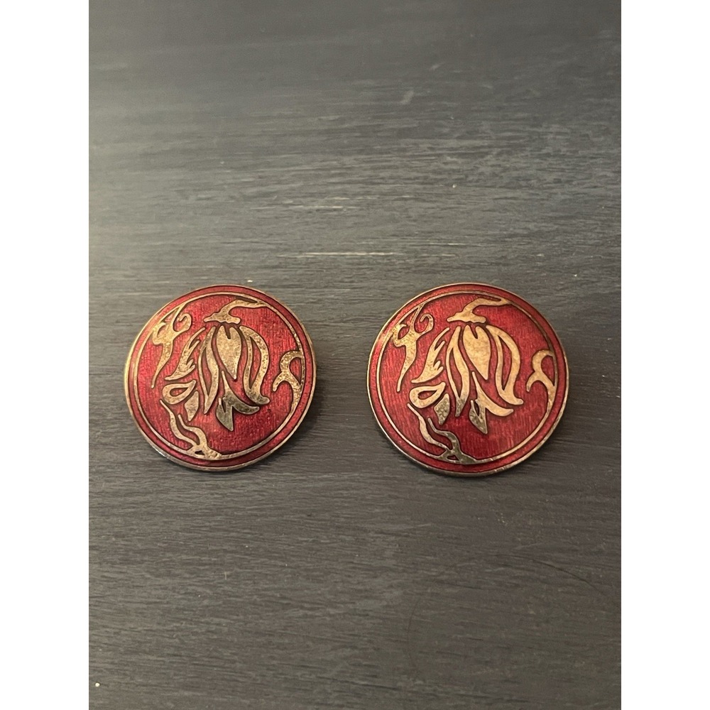 Vintage Cloisonne Enamel Floral Clip On Earrings Red Gold Tone